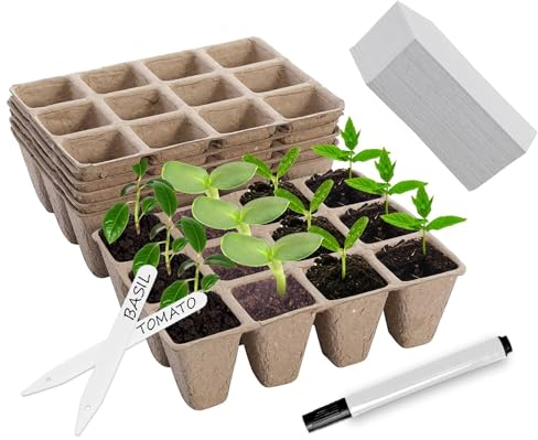 Navoys 72 Cell Seeder Tray, 40 Plant Sticks and Labeling Pen - Biodegradable Seedling Starter Kit, 16 x 12 x 4.5cm Plant Seed Potting Tray, Greenhouse Accessories (6 Trays - 72 Cells)