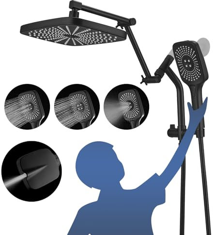 Psylc 12 High Pressure Rain/Rainfall Shower Heads With Handheld Spray Combo (3+1 Settings & Built-in Power Wash Mode), Double/Dual Shower Head With Handheld - Height/Angle Adjustable(Matte Black)