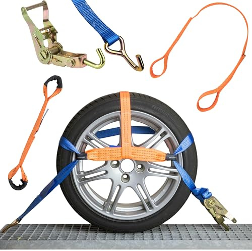 Safetytex Autotransport Spanngurt Radsicherung 2t 35mm 2,90m | 4er Set mit Zurrgurt Quergurt und Sicherungsband, zuverlässige Fahrzeugbefestigung für sicheren Transport