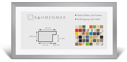 RahmenMax Morena Bilderrahmen Posterrahmen 20x60 cm Silber Matt Mattsilber 60x20 cm mit weisser Rückwand und Antireflex Acrylglas