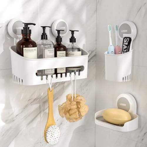 Luxear Shower Caddy Suction Cup Soap Dish Toothbrush Holder Shower Shelf No Drilling Plastic with Hooks Bathroom Organizer Holder Basket Suction for Kitchen Bathroom Rack Storage