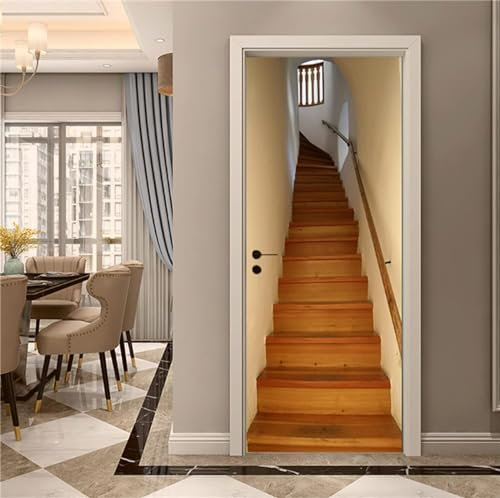 Türtapete Selbstklebend 90x200 cm Türfolie Selbstklebend Hölzerne Treppen Türaufkleber Türposter Treppe Türsticker Fototapete 3D Effekt für Schlafzimmer Wohnzimmer Küche A4235