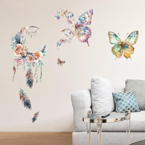 Peacoblue Stickers de Pared Decorativos Mariposa y Atrapasueños Removibles, Calcomanías de Pared, 2 Hojas 11.8 x 35.4 Murales de Vinilo 3D para Dormitorio, Sala de Estar, Baño