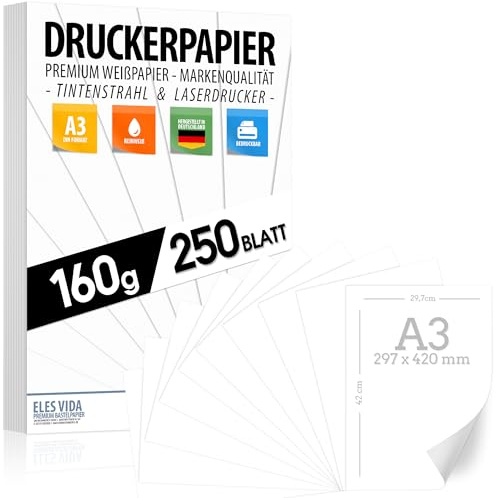 Papel para impresora A3, 160 g, color blanco, 250 hojas, papel premium blanco puro, 29,7 x 42 cm, papel de dibujo grueso, sin imprimir para universidad, fotografía, presentaciones, manualidades