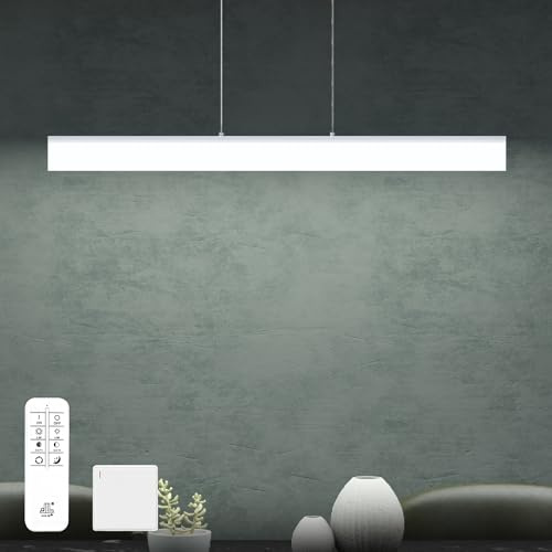 Mai & Mai LED Pendelleuchte Esstisch dimmbar 3000–6000K 1105mm weiß | Moderne lineare Pendellampe, höhenverstellbare Esszimmerlampe mit Fernbedienung für Wohnzimmer Büro, Alivetta3303