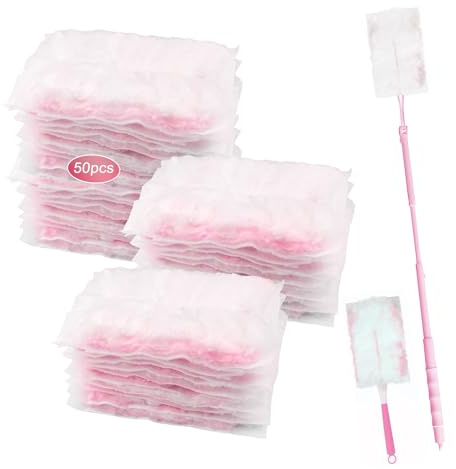 52 Stück Staubmagnet Nachfüllpack, Staubwischer mit Teleskopgriff Duster Staubtücher Staubwedel Reinigungsstaub Staubtuch Nachfüllung Starterset für Tierhaare Staub Schmutz(50 Tücher+2 Griffe, Rosa)