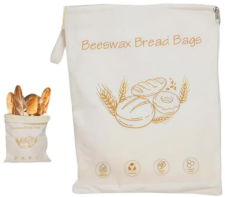 Wide Zipper Access Cotton & Beeswax Bread Bags for Sourdough, Reusable Beeswax Bread Bags with Zipper, Large Capacity and Portable Cotton Storage Bags for Homemade, Sourdough & Fresh Bread