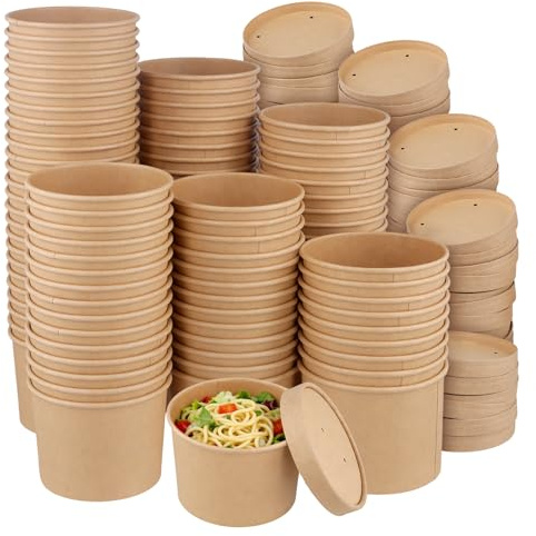 KOHAND 100 PCS Kraft Soup Containers with Lids, 12 Oz Brown Paper Soup Cups, Round Cardboard Food Containers for Takeaway Salads, Ice Creams, Hot Soups