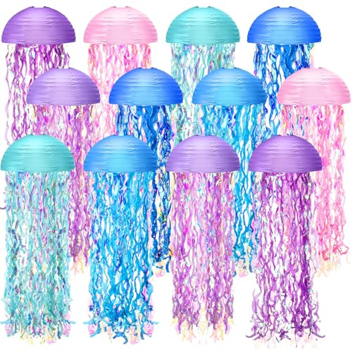 Baquler Set of 12 Jellyfish Paper Lanterns 10 Inch Semicircle Lanterns Hanging Decoration for Mermaid Sea Ocean Birthday Party Decorations(Pink, Blue, Sky Color, Royal Blue, Purple, Light Purple)