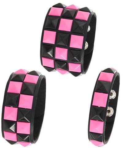Dreuyet 3 Piece Checkered Leather Bracelet Set Black White PU Wristband Adjustable Gothic Punk Style Halloween Accessories for Men Women (Black Pink)