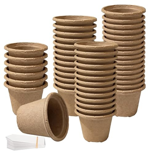 ZMCVOE 30 PCS Abbaubare Anzuchttöpfe, 11cm Runder Anzuchttöpfe Pappe mit 30 Kunststoff Pflanzenmarker, Anzuchtschale Anzuchttopf für kompostierbar, Pflanztöpfe, Keimung, Garten ussaat Anzuchtschalen