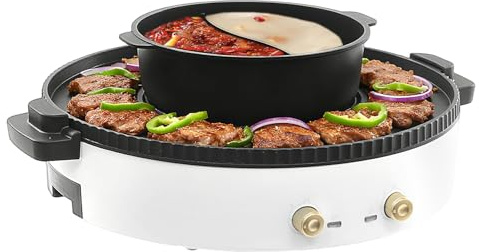 2-i-1 elektrisk grillkastrull för hemmet, 2 000 W hot pot med grill, hotpot med grill, för familjemåltider och umgänge, non-stick-belagd för hushåll och små grupper (vit)