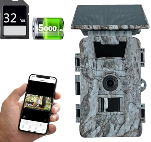 Wildkamera 4K 60MP mit WLAN & App-Steuerung – Solarbetrieb, 5200mAh Akku, 0.1s Auslöser, 940nm Nachtsicht, IP66 wasserdicht, 32GB SD-Karte – Ideal für Wildtierüberwachung und Outdoor-Sicherheit