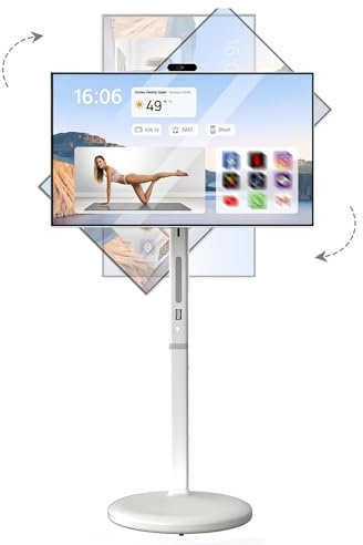 AETEREOS Écran Tactile Portable avec télécommande, Support Mobile | Moniteur Tactile sur Pied | Téléviseur sans Fil à roulettes | Batterie intégrée | Rotation complète | Blanc - 8+128 GB 27