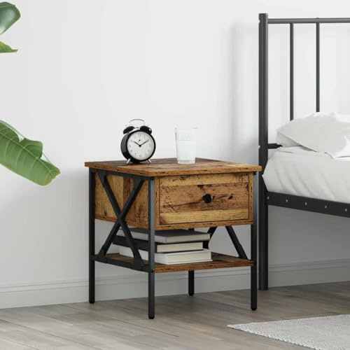 sephironlbb Bedside Table Reclaimed Wood 40 x 42 x 45 cm, Plywood and Metal, with Drawer and Shelf, Modern Side Table for Bedroom, Sturdy Bedside Cabinet
