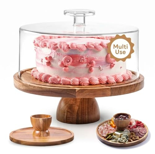 12 Acacia Wood Cake Stand with Clear Acrylic Dome Lid,Round Cake Tray | 2-in-1 Dessert Table Display Holder& Charcuterie Board for Cakes,Cupcakes & Valentine Baking Supplies(30cm)