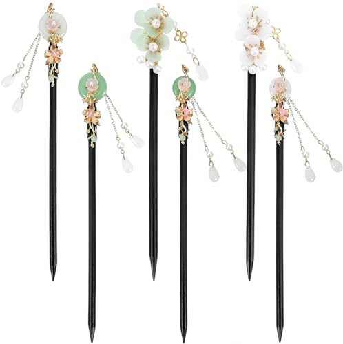 AddLotLot 6 PCS Wooden Floral Hair Sticks Chinese Hairsticks Vintage Retro Wooden Hair Chopsticks Tassel Flower Hairpins Hanfu Bead Pendants Hairforks Handmade Classic Accessories for Women Girls