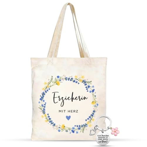 Erzieherin Geschenk Set, Leinwand Tasche Erzieherin mit Herz und Schlüsselanhänger, Abschiedsgeschenk Erzieherin, Abschiedsgeschenk Kindergarten, Für Den Alltag Geeignet Auch als Danke Geschenk