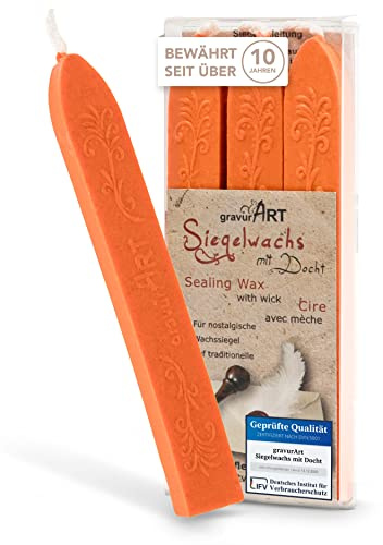 gravurART Siegelwachs Orange - Persönliche Briefe versiegeln mit Stempelwachs für Siegelstempel - 3 Stangen Wachs mit Docht