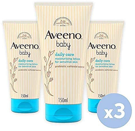 Aveeno Baby Daily Care Moisturising Lotion (3 x 150ml), Soothing Baby Cream to Provide 24-Hour Hydration Suitable for Newborns and Infants, Gentle Lotion for Dry, Sensitive Skin Prone to Eczema