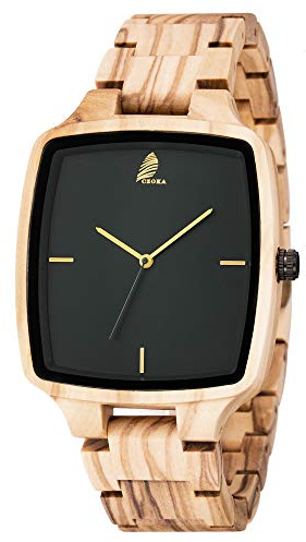 CZOKA Orologio da Uomo e donne in Legno, Noce nero naturale/oliva, con Movimento al Quarzo Giapponese, con cinturino regolabile, manuale analogico da polso (Olive wood-02)