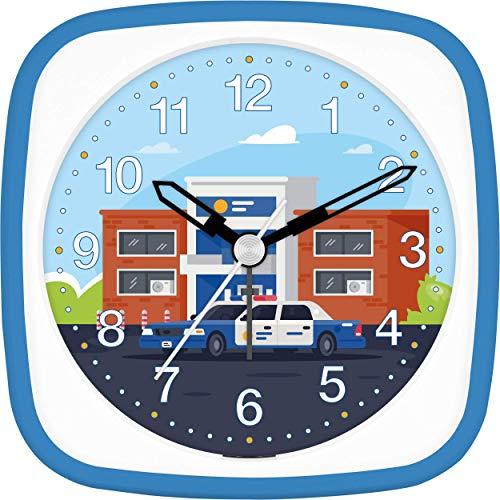 Eurotime Wecker Jungen Polizei Polizeiauto Notruf, Kinderwecker, Hellblau Blau, Kunststoffgehäuse und Kunststoffglas, geräuscharmer Wecker, ohne Ticken, mit Licht und Weckwiederholung, 27127-08