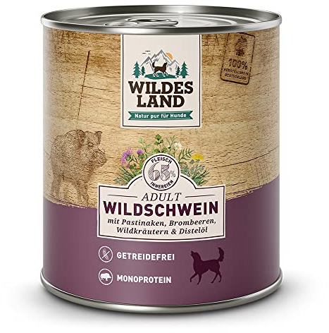 WILDES LAND – Wild | Nassfutter mit extra hohem Fleischanteil und natürlichen Zutaten für ausgewachsene Hunde. Alleinfutter ohne Zusatzstoffe in der Dose | 6x800g Wild