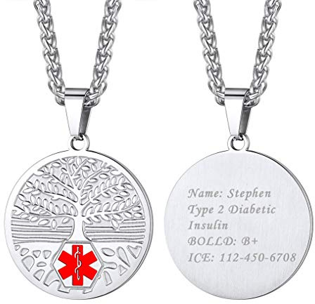 Bandmax Medical Alert Identifizierung Gravur Schmuck Edelstahl/18k vergoldet personalisiert Anhänger mit Äskulapstab Symbol SOS ICE Notfall Gesundheit Alarm Accessoire für Männer Frauen