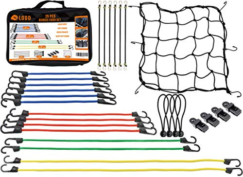 LODD - Kit tendeur de Fixation - 20 Sandows élastiques Haute Qualité Anti-UV et Crochets Métal + 8 tendeurs de bâche + 1 Filet Elastique + Valise de Transport - tendeurs Vélo, Moto et Remorque