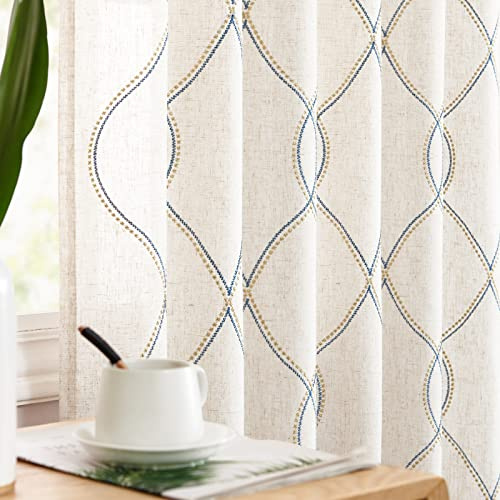 TOPICK Lino Cortinas Opaca de Bordado de Hilos de Oro con Trabillas Ocultas Modernas Translúcido Aptas para Salón Dormitorio Azul Juego de 2 Unidades 140 x 145 cm