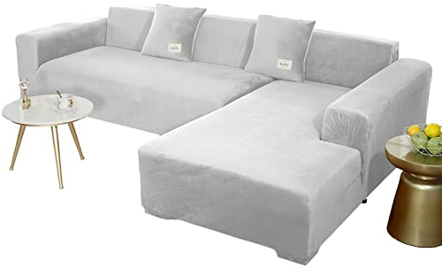 JHLD Stretch Samt Sofabezug L Form-hellgrau-4 Sitzer+4 Sitzer | Weich Bequem Anti-rutsch überzug ecksofa Waschbarer Für Kinder Haustiere Hunde Katzen