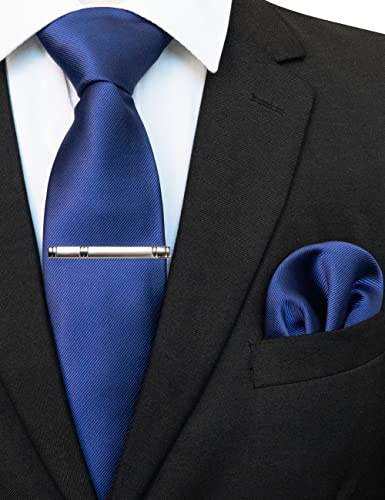 JEMYGINS Seide Krawatte Krawatten und Einstecktuch mit krawattenklammer Set für Herren Seidenkrawatten Hochzeit Schlips Dunkelblau