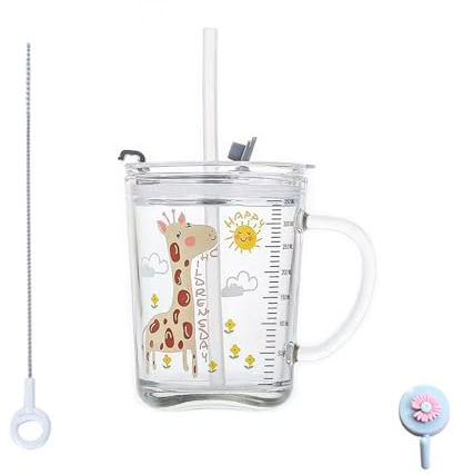 Bicchiere da latte in vetro con misurino, vetro smerigliato con paglia di silicone, con coperchio per succo di latte, tè freddo, caffè per microonde, cervo giallo