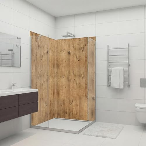 dedeco Eck-Duschrückwand wasserfest Motiv: Holz V5, 2 x 90x210 cm, als Badrückwand zum Fliesenersatz, als Dekorwand, Wandverkleidung und Duschplatte aus Aluminium - Made in Germany