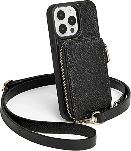 CUSTYPE Für iPhone 13 Pro Max Hülle Leder Handykette Hülle mit Band und Kartenfach, Ständer Schwarz 6,7”