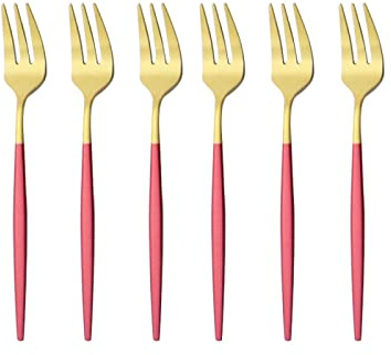Lot de 6 fourchettes à thé en acier inoxydable pour fruits, salade, dessert, gâteau, rouge et doré
