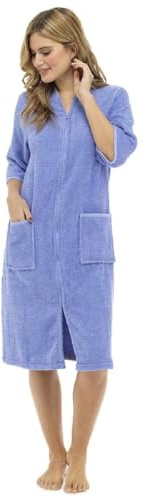 Fashion Junction Ladies/Womens 100% Cotton Terry Towelling Zip Front Dressing Gown/Bathrobe/Housecoat (Lilac/Blue, Large)