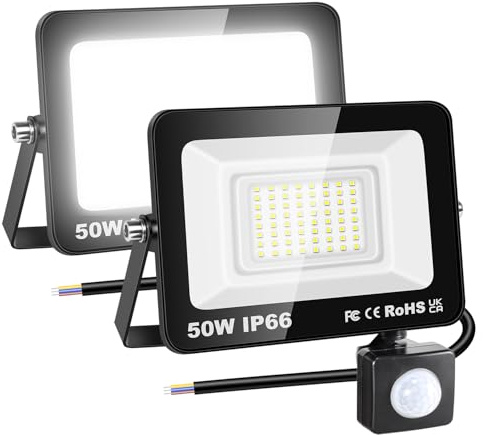 RIGIDON 2x 50W projecteur d'extérieur led avec detecteur de mouvement, PIR | sans prise, 5000lm, 6000K blanche froide, étanche IP66, éclairage de sécurité extérieur, pour patio garage terrasse jardin
