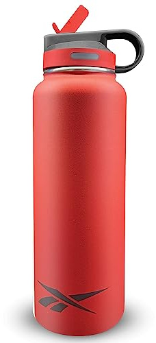 Reebok Stainless Steel Water Bottle With Straw & Athletic Design - Insulated Water Bottles 32 oz - Double Wall Vacuum Insulated Sports Water Bottle With Straw, BPA Free (Red)