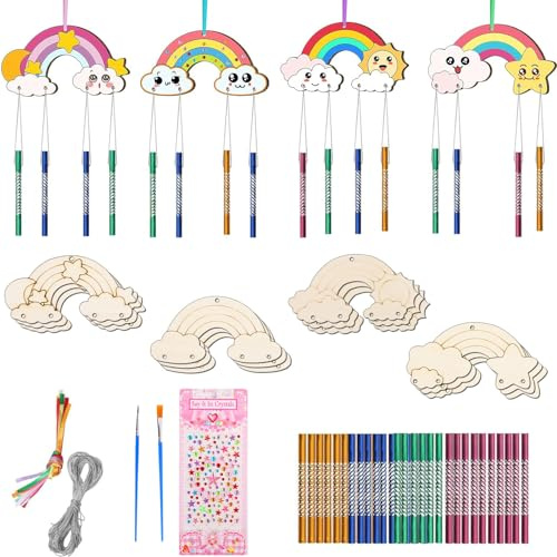 Fonyet 12 Stück Regenbogen Windspiel Bastelset Kinder DIY Bastelset Geburtstagsdeko Holz Malen Bastelhandwerk mit Hängendem Klangspiele, Geburtstag Geschenke für Mädchen Jungen