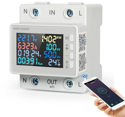 DEWIN Stromzähler Hutschiene, 8 in 1 Tuya WiFi Wechselstromzähler Hutschiene Smartmeter Multifunktions Energiezähler Fern-APP-Steuerung 63A AC 170–300V