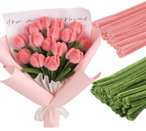 Tulpe Blumenstrauß Pfeifenreiniger Pfeifenputzer zum Basteln Bunt Basteldraht Chenilledraht DIY Geschenke für Mama Geburtstag Muttertag Mehrfarbig Dekorationen (Rosa)