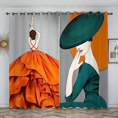 Fenstervorhänge Wohnzimmer Orange Dunkelgrünes Mädchen Verdunkelungsvorhänge Mit Ösen 280 (B) X 180 (H) cm Schlafzimmer Vorhang Polyester Lang Gardinen 2Er Set Blickdicht - Für Kinderzimmer F0