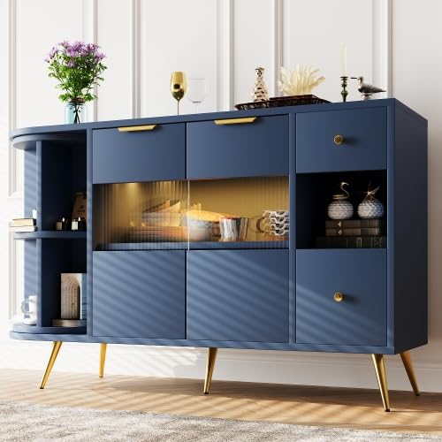 KUAKE Sideboard Kommode mit 2 Türen und 2 Schubladen, Drehbare Regale, 130x40x80 Küchenschrank mit LED, Buffetschrank Cabinet Standschrank Anrichte Aufbewahrungsschrank Esszimmer Wohnzimmer (Blau)