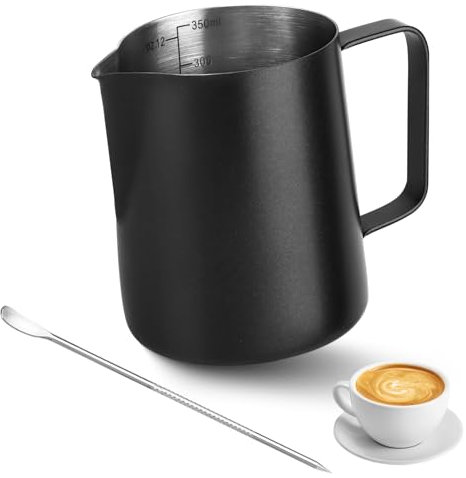 VMUTGA Milchkännchen Edelstahl, 350 ml Milchkanne Edelstahl Schwarz Kaffee Milch Aufschäumer Kännchen Handheld Aufschäumkännchen mit Messung Mark Barista Zubehör für Espresso Cappuccino Latte Art