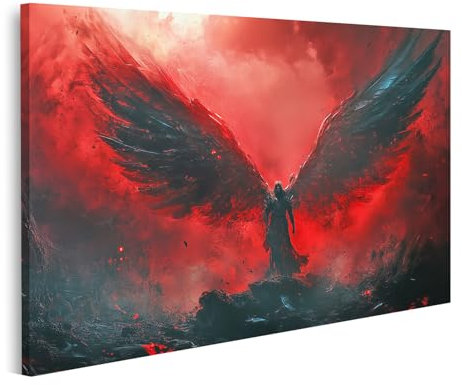 islandburner Bild auf Leinwand Dunkler Engel mit ausgebreiteten Flügeln im feurigen Himmel Bilder Wandbilder Poster