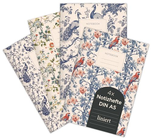 etmamu 1074 4er-Set Notizheft A5 | Chinoiserie asiatische exotische Muster | Liniert