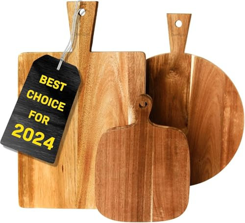 Acacia Round Cheese Board Set 3 Pack with Handles, Wooden Serving Board for Kitchen - Round, Rectangular, and Small Paddle Serving Trays for Cheese, Meat, Pizza, Bread, and Fruits
