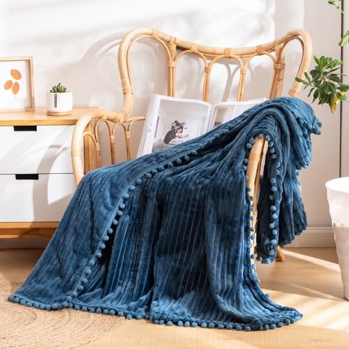 GYHH Flanell Decke Kuscheldecke Mit Pompom, Wohndecken Couchdecke Flauschig Überwurf Dick 280 G/M² Tagesdecke Sofadecke Blanket Für Couch Sofa (Hailan,150 * 200CM)