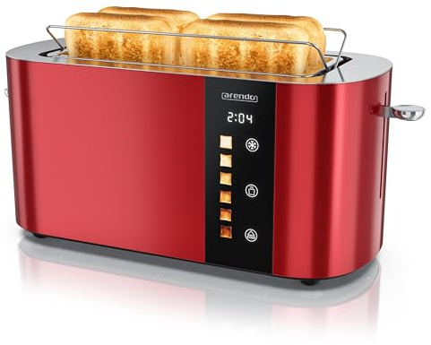 Arendo - Edelstahl Toaster 4 Scheiben Langschlitz - Touchscreen – Doppelwandgehäuse – 1500 W – Integrierter Brötchenaufsatz – 6 Bräunungsgrade – Brotzentrierung – Restzeitanzeige – Memoryfunktion